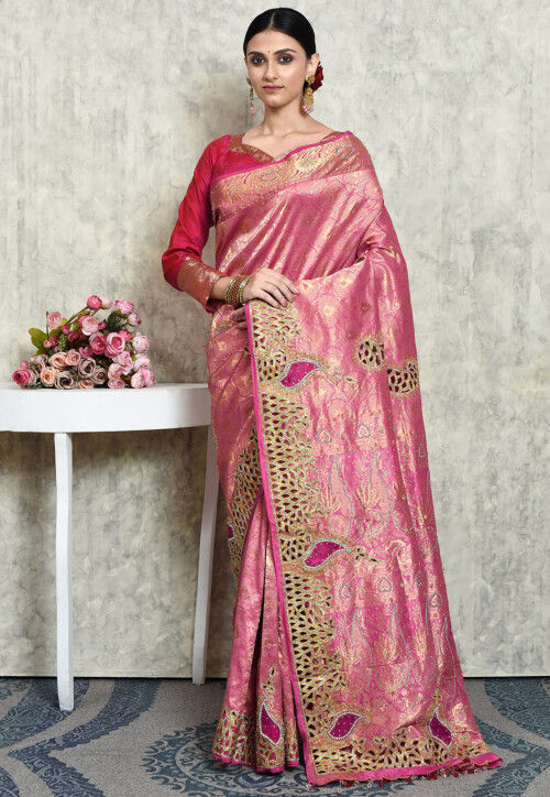 Hand Embroidered Kanchipuram Silk Saree in Pink