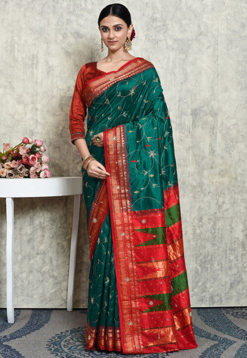 Hand Embroidered Kanchipuram Silk Saree in Teal Green