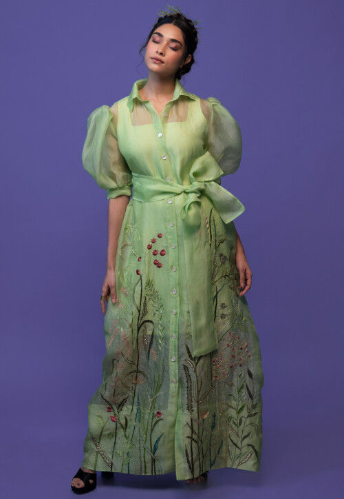 Hand Embroidered Pure Organza and Pure Crepe Maxi Dress in Pastel Green