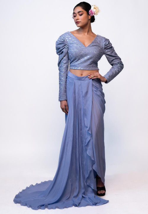 Hand Embroidered Pure Silk Crop Top Set in Blue
