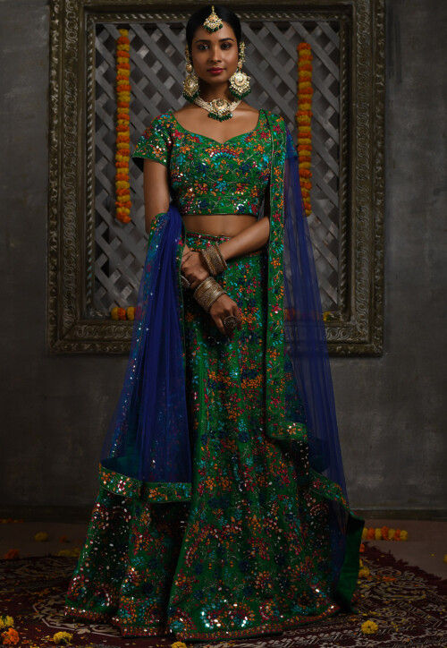 Hand Embroidered Pure Silk Lehenga in Green