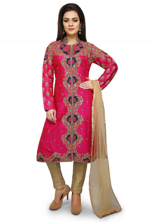 Hand Embroidered Pure Silk Pakistani Suit in Fuchsia