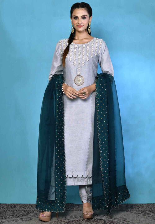 Hand Embroidered Pure Silk Pakistani Suit in Light Grey
