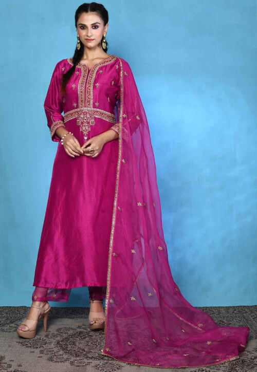 Hand Embroidered Pure Silk Pakistani Suit in Magenta