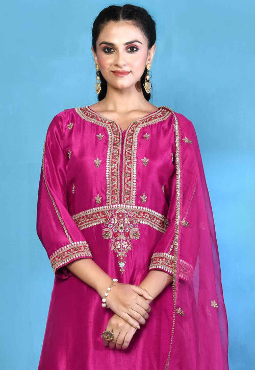 Hand Embroidered Pure Silk Pakistani Suit in Magenta