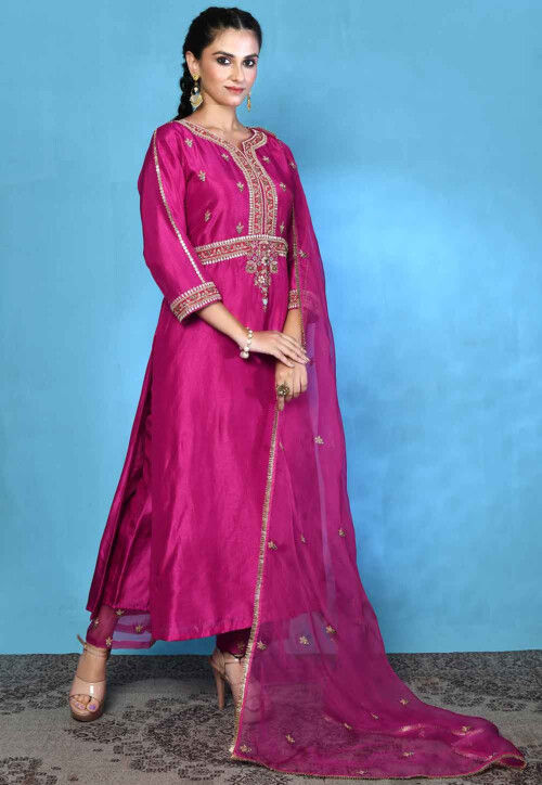 Hand Embroidered Pure Silk Pakistani Suit in Magenta