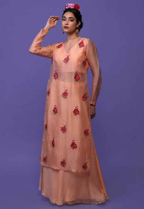 Hand Embroidered Pure Silk Pakistani Suit in Peach
