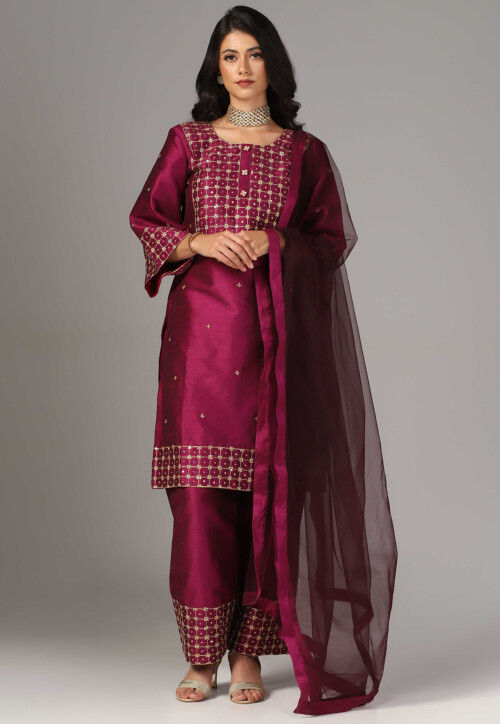 Hand Embroidered Raw Silk Pakistani Suit in Magenta