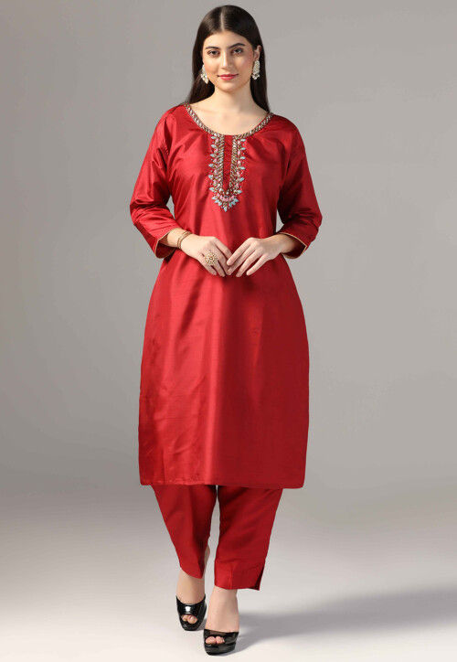 Hand Embroidered Raw Silk Pakistani Suit in Maroon