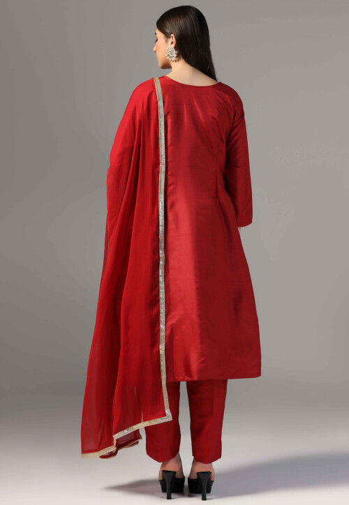 Hand Embroidered Raw Silk Pakistani Suit in Maroon