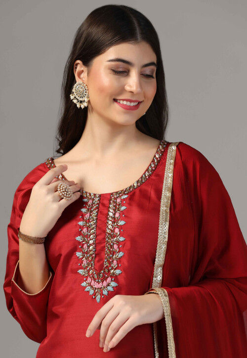 Hand Embroidered Raw Silk Pakistani Suit in Maroon