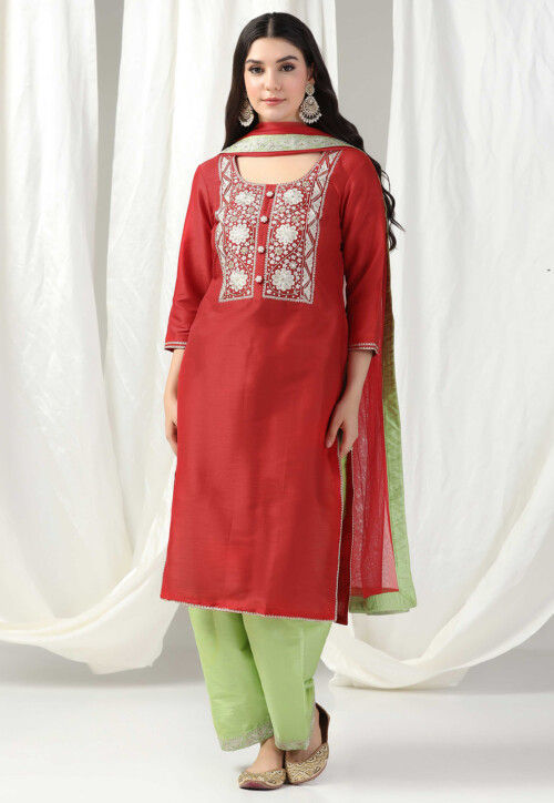 Hand Embroidered Raw Silk Punjabi Suit in Red