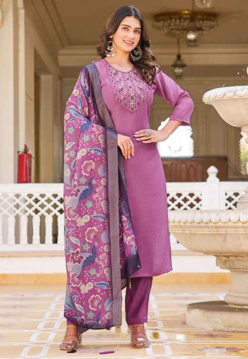 Hand Embroidered Rayon Pakistani Suit in Purple