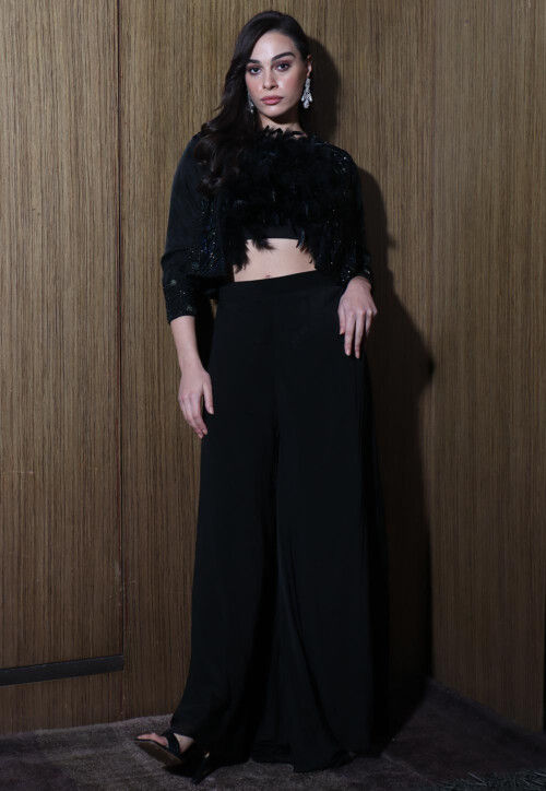 Hand Embroidered Satin Crepe Crop Top Set in Black