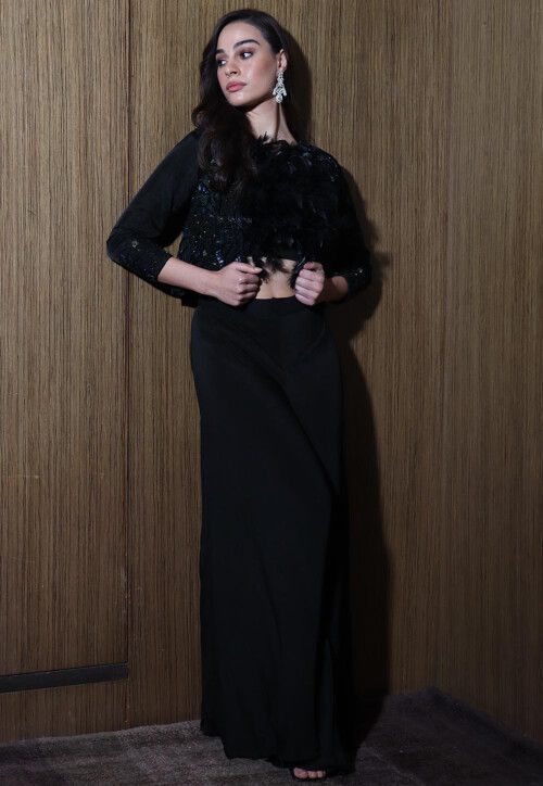 Hand Embroidered Satin Crepe Crop Top Set in Black