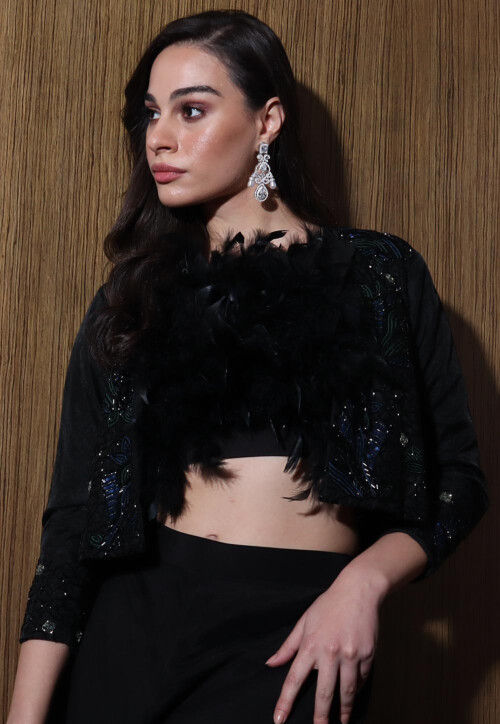 Hand Embroidered Satin Crepe Crop Top Set in Black