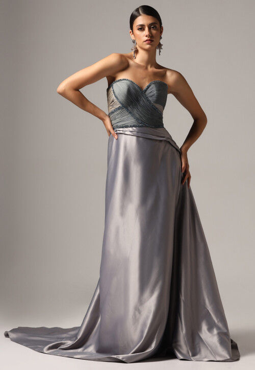 Hand Embroidered Satin Gown in Grey