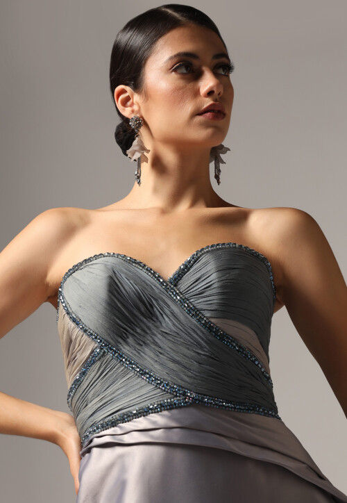 Hand Embroidered Satin Gown in Grey