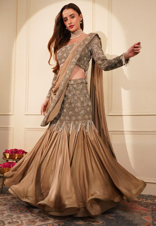 Hand Embroidered Satin Lehenga in Brown