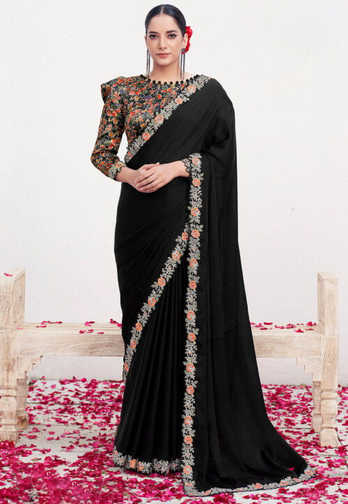 Hand Embroidered Satin Silk Saree in Black