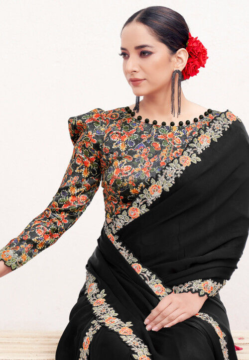 Hand Embroidered Satin Silk Saree in Black