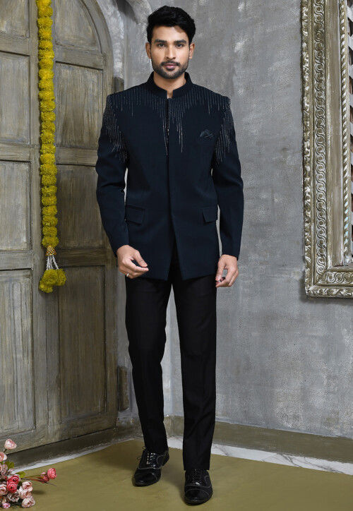 Buy Hand Embroidered Suede Jodhpuri Suit in Navy Blue Online MTX3362 Utsav Fashion