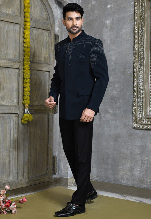 Hand Embroidered Suede Jodhpuri Suit in Navy Blue