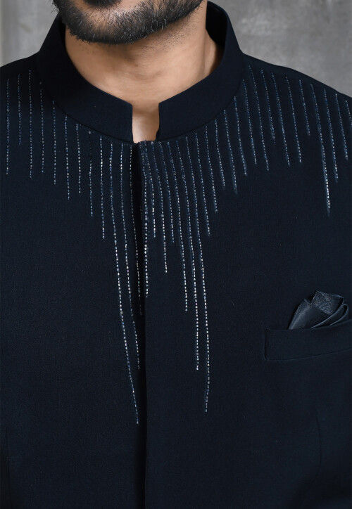 Hand Embroidered Suede Jodhpuri Suit in Navy Blue