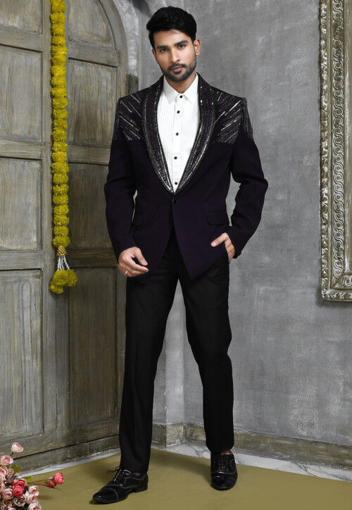 Hand Embroidered Suede Suit Set in Dark Purple