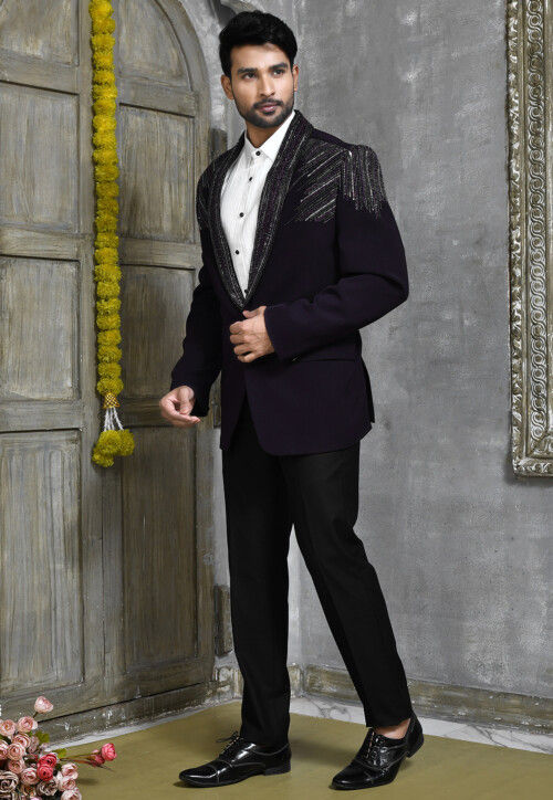 Hand Embroidered Suede Suit Set in Dark Purple