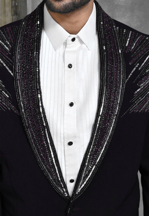 Hand Embroidered Suede Suit Set in Dark Purple