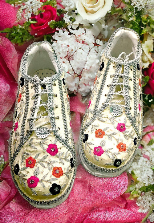Hand Embroidered Synthetic Women Sneakers in Beige