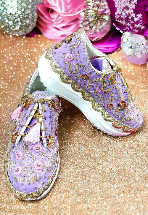 Hand Embroidered Synthetic Women Sneakers in Lavender