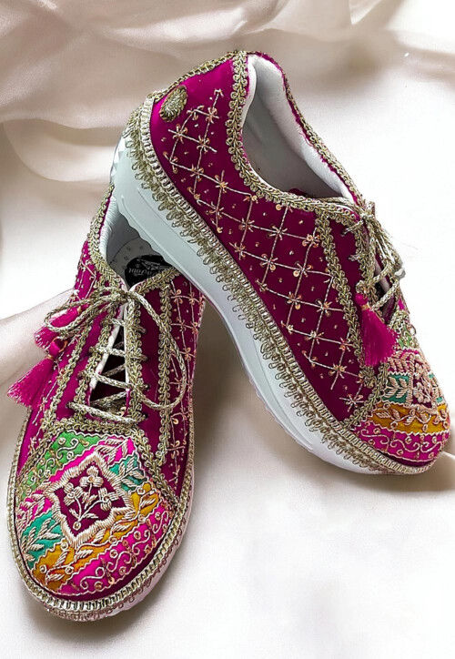 Hand Embroidered Synthetic Women Sneakers in Magenta