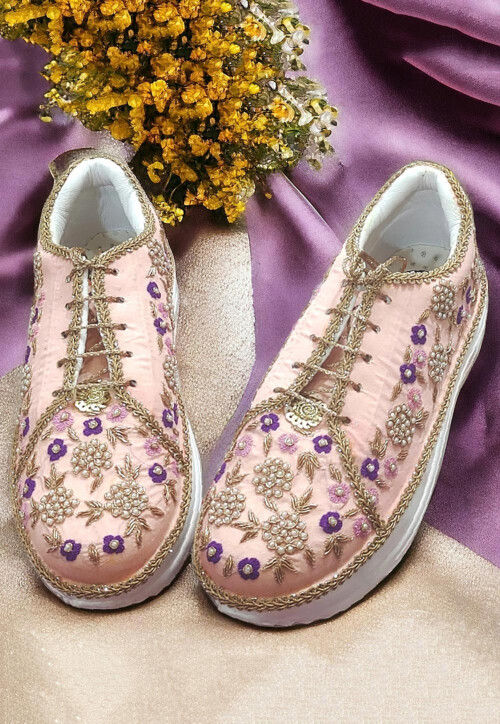 Hand Embroidered Synthetic Women Sneakers in Peach