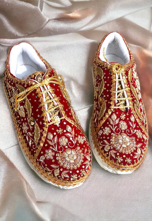 Hand Embroidered Synthetic Women Sneakers in Red