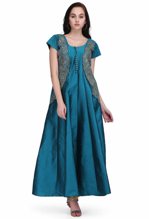 Excellent Teal Blue & Gold Embroidered Silk Anarkali Suit