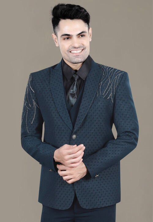 Hand Embroidered Terry Rayon Jacquard Blazer in Teal Blue