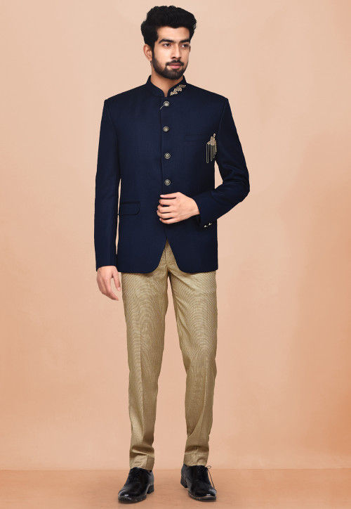 Hand Embroidered Terry Rayon Jodhpuri Suit in Dark Blue