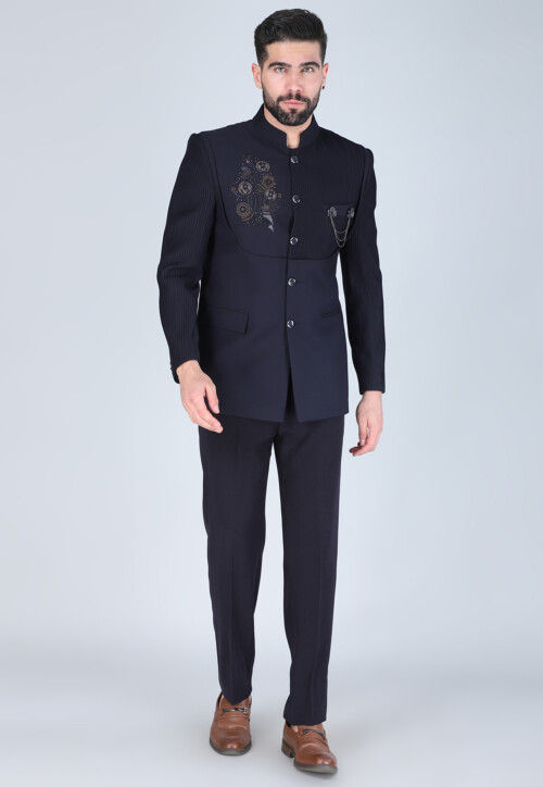 Hand Embroidered Terry Rayon Jodhpuri Suit in Navy Blue
