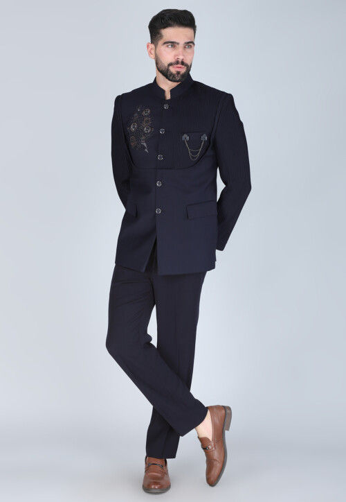 Hand Embroidered Terry Rayon Jodhpuri Suit in Navy Blue