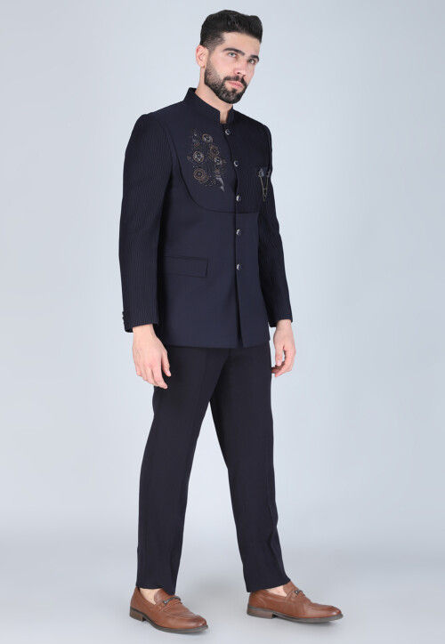 Hand Embroidered Terry Rayon Jodhpuri Suit in Navy Blue