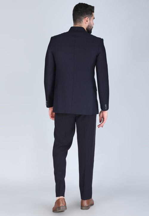 Hand Embroidered Terry Rayon Jodhpuri Suit in Navy Blue