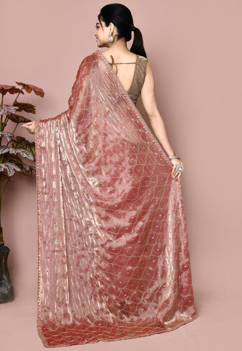 Old Rose Embroidered Tissue Saree