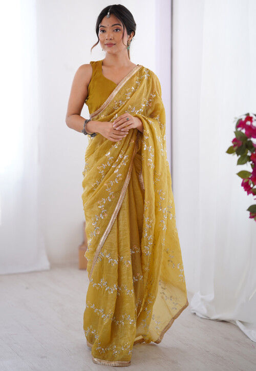 Hand Embroidered Tissue Saree in Yellow