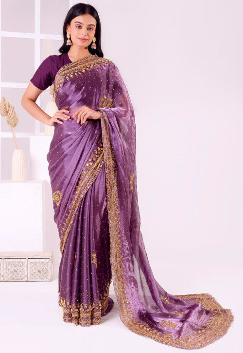 Hand Embroidered Tissue (Zimi Chu) Saree in Dark Lavender