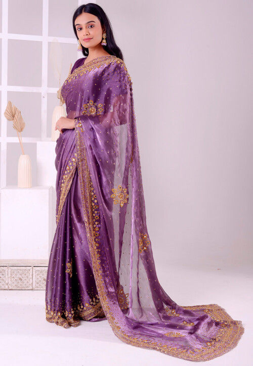 Hand Embroidered Tissue (Zimi Chu) Saree in Dark Lavender