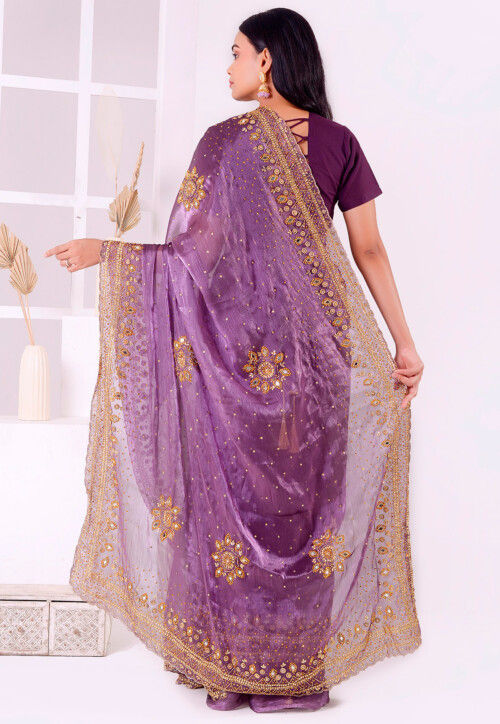 Hand Embroidered Tissue (Zimi Chu) Saree in Dark Lavender