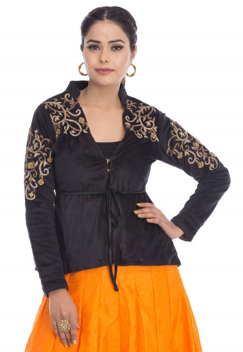 Hand Embroidered Velvet Jacket in Black