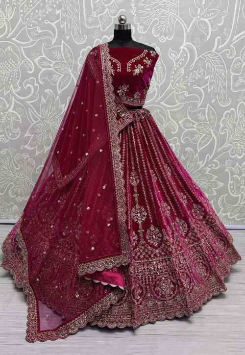 Hand Embroidered Velvet Lehenga in Fuchsia